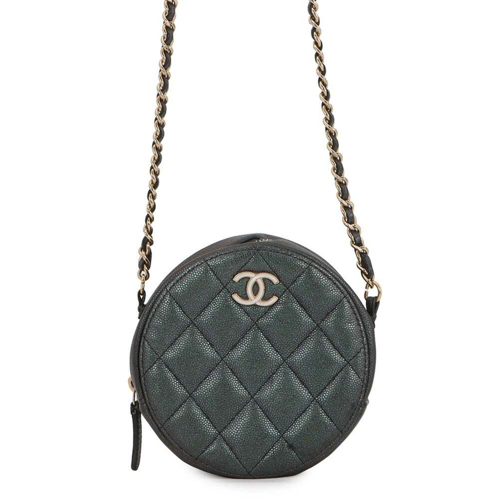 CHANEL Gray Caviar Leather Logo Shoulder Bag